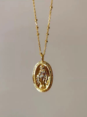 Fine Oval Shape Catholic Miraculous Medal Necklace Trendy 925 Stainless Sterling Silver with Pearl Diamond Zircon Charms