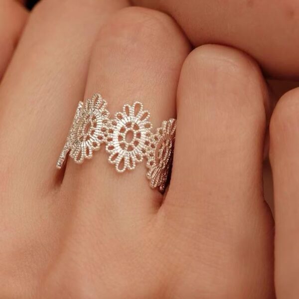 Polished Rings for Women, Dainty Non Tarnish Chunky Wedding Lace Ring Set,  Silver Jewelry Adjustable Bohemian Statement Ring