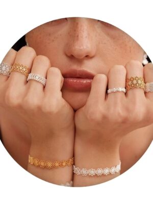 Polished Rings for Women, Dainty Non Tarnish Chunky Wedding Lace Ring Set,  Silver Jewelry Adjustable Bohemian Statement Ring