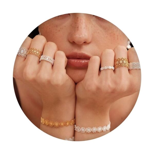 Polished Rings for Women, Dainty Non Tarnish Chunky Wedding Lace Ring Set,  Silver Jewelry Adjustable Bohemian Statement Ring