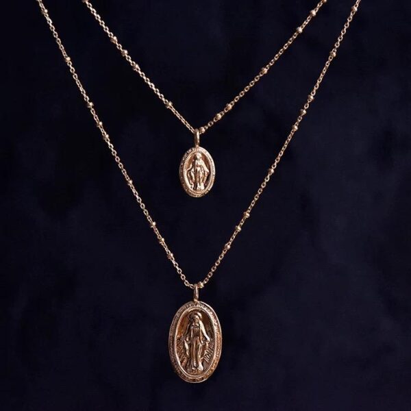 Fine Stainless Steel Virgin Mary Statues Pendant Necklaces with Trendy Coin Shape for Men and Women