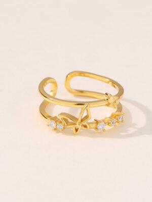 c2 Women's High-End Adjustable Double Layer Butterfly Brass Costume Rings for Women Gold Jewelry for Wedding and Gift