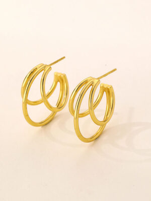 Waterproof Tarnish-Free Gold Plated Brass Fashion Dangle Three Line Hoop Earrings Trendy Drop Jewelry