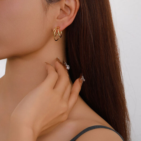 Waterproof Tarnish-Free Gold Plated Brass Fashion Dangle Three Line Hoop Earrings Trendy Drop Jewelry