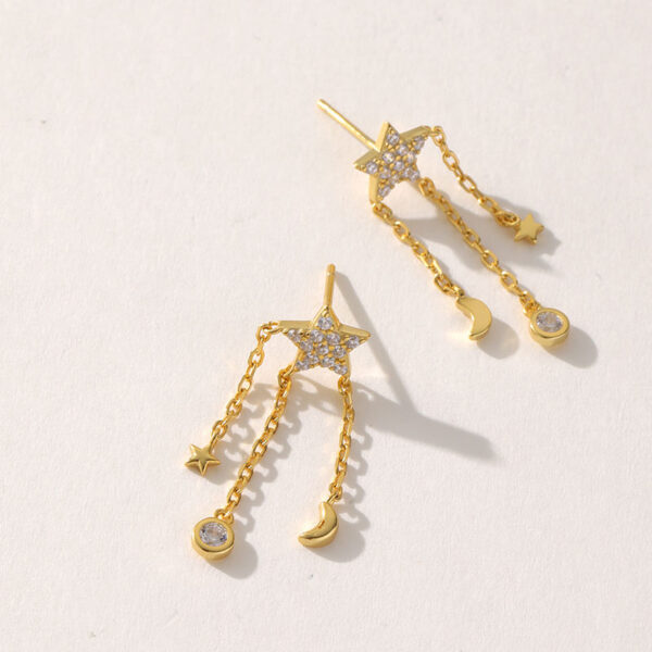 High Quality Brass Gold Plated Gold Earrings, Star Drop Earrings with Link Chain, 5A Cubic Zircon Earrings for Women