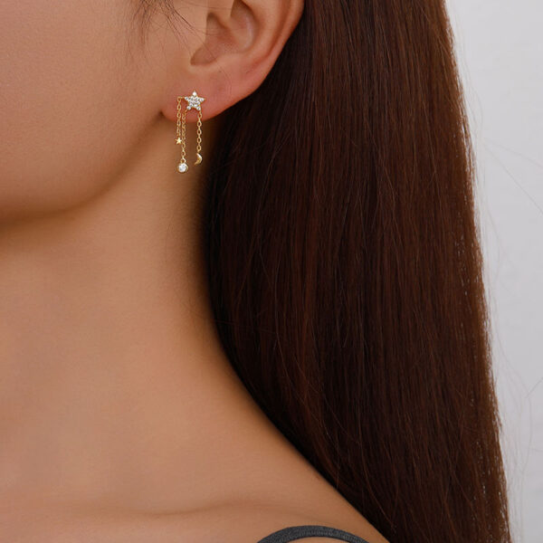 High Quality Brass Gold Plated Gold Earrings, Star Drop Earrings with Link Chain, 5A Cubic Zircon Earrings for Women