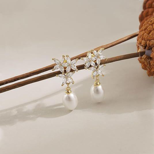 European American Fashion Simple Elegant Pearl Earrings, Pearl Drop Earrings With 5A Zircon Earrings for Women