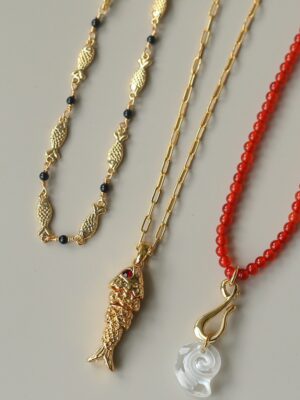 European and American Fashion Vintage Choker Necklace, Delicate Layered Fish Pendant Charm Necklace,Brass Electroplated Neck Chain for Women