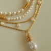 Baroque Drop BrassChain Pearl Necklace for Women, Ladies Gold Chain with Multiple Pendants and Pearls