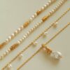 Baroque Drop BrassChain Pearl Necklace for Women, Ladies Gold Chain with Multiple Pendants and Pearls