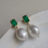 Elegant 5A Zirconia Big Pearl Earrings, Brass Baguette Emerald Gold Earrings, Pearl Drop Fine Jewelry New Collection