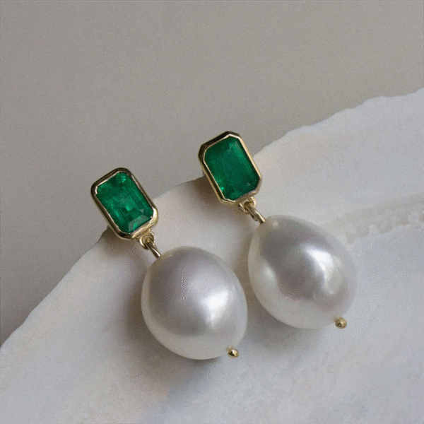 Elegant 5A Zirconia Big Pearl Earrings, Brass Baguette Emerald Gold Earrings, Pearl Drop Fine Jewelry New Collection