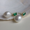Elegant 5A Zirconia Big Pearl Earrings, Brass Baguette Emerald Gold Earrings, Pearl Drop Fine Jewelry New Collection
