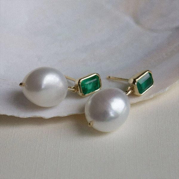Elegant 5A Zirconia Big Pearl Earrings, Brass Baguette Emerald Gold Earrings, Pearl Drop Fine Jewelry New Collection