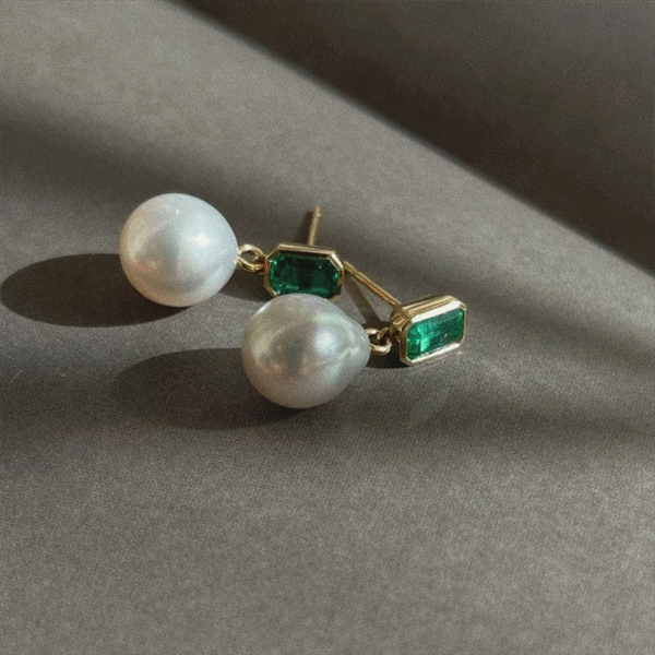 Elegant 5A Zirconia Big Pearl Earrings, Brass Baguette Emerald Gold Earrings, Pearl Drop Fine Jewelry New Collection
