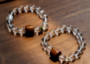 Incense Wood White Crystal Bead Bracelet, Handmade Unique Yellow Crystal Bracelet