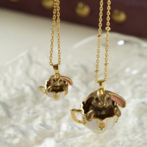 CuteTea Cup Rabbit Ladies Gold Necklace , Romantic Rabbit Sweater Necklaces for Women