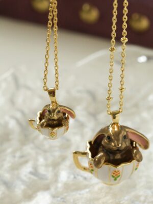 CuteTea Cup Rabbit Ladies Gold Necklace , Romantic Rabbit Sweater Necklaces for Women