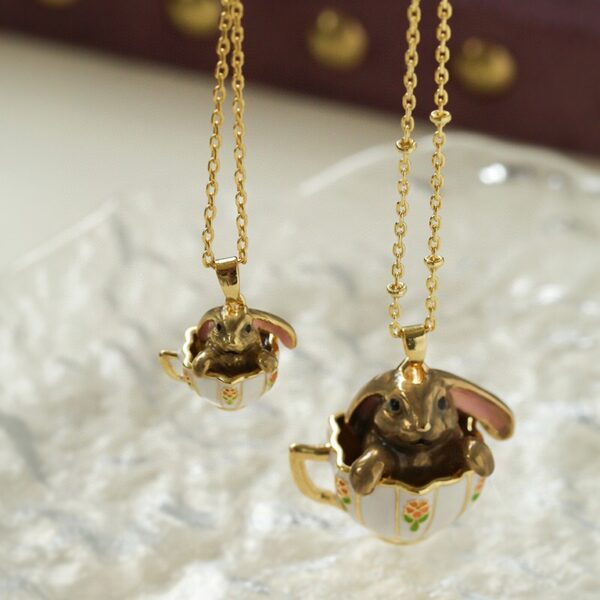 CuteTea Cup Rabbit Ladies Gold Necklace , Romantic Rabbit Sweater Necklaces for Women