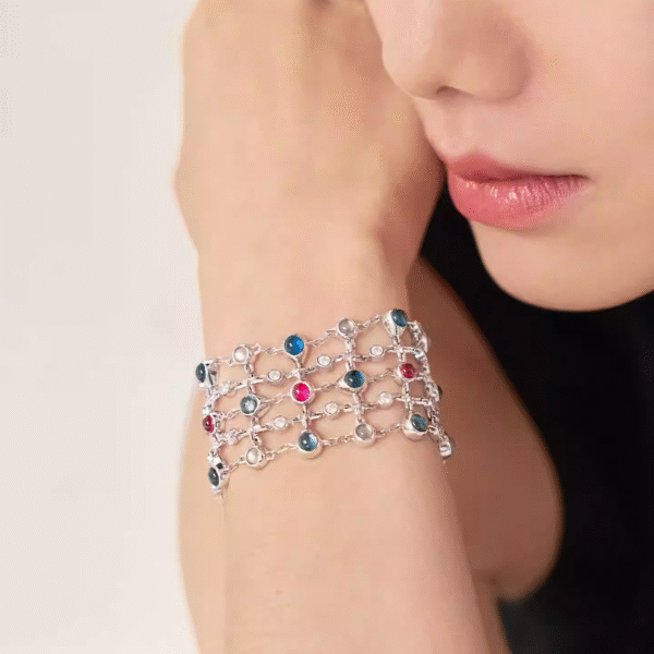 Luxury Wide Brass Bracelets for Women, Multi Color Zircon Silver Bracelet Design, Stackable Cuff Silver Plated Jewelry