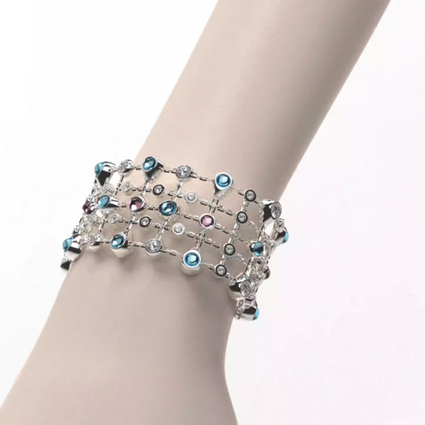Luxury Wide Brass Bracelets for Women, Multi Color Zircon Silver Bracelet Design, Stackable Cuff Silver Plated Jewelry
