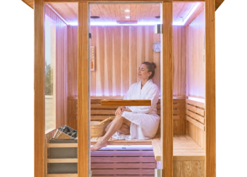 Traditional 2-4 Person Outdoor Sauna Room, Japanese Cedar Outdoor Home Sauna with 6KW Metal Stove, Colorful LED Ambient Lights & Full Sauna Accessories