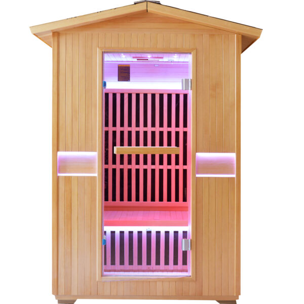 1 Outdoor Infrared Sauna for 2 Person, 2000W 120V Canadian Hemlock Sauna Room with 8 Epoxy Heating Panels, Red Light Beauty Lamp, Bluetooth Speakers & Colorful LED Lighting