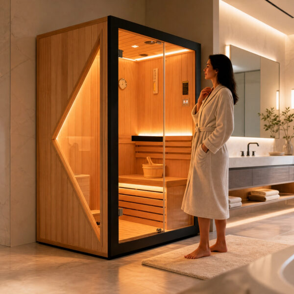 1 (4) majusaccessory 3000W Traditional 2 Person Indoor Home Sauna, 120 x 120 x 190 cm Wooden Sauna Room with Metal Heater, African Okoume Wood, LED Color Lights & Sauna Accessories
