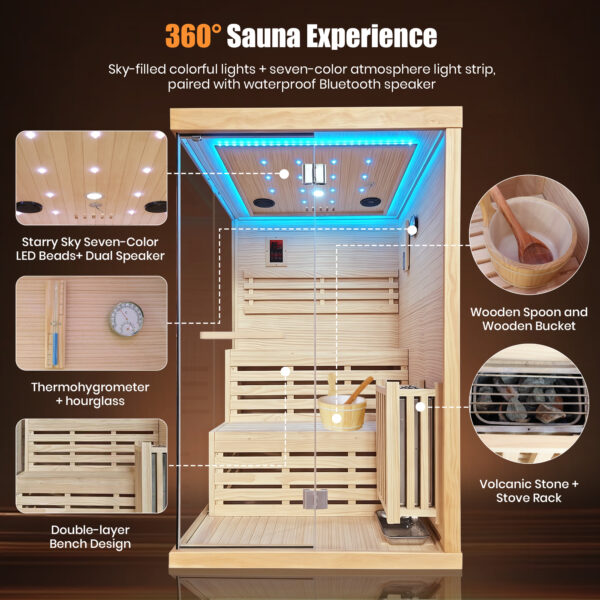 2 Person Indoor Traditional Steam Sauna Room with Heater, Bluetooth Speakers & 7-Color LED Lights, 47.2″ × 47.2″ × 74.8″