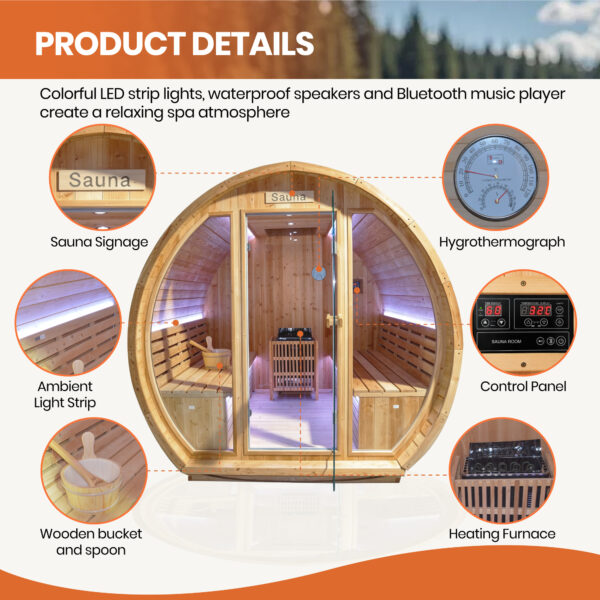Traditional Outdoor Barrel Sauna for 2-4 Person, Carbonized Spruce Wood, 9KW Fast Heating Finnish Steam Sauna, Complete Accessories, Outdoor Sauna for Backyard, Patio & Poolside