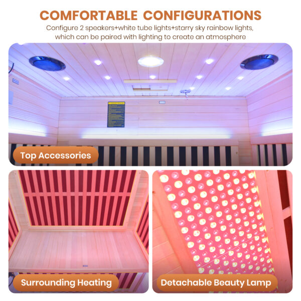 2-1 Outdoor Infrared Sauna for 2 Person, 2000W 120V Canadian Hemlock Sauna Room with 8 Epoxy Heating Panels, Red Light Beauty Lamp, Bluetooth Speakers & Colorful LED Lighting
