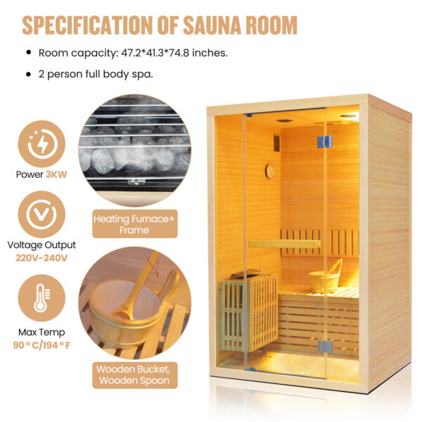 2 Person Indoor Hemlock Finnish Sauna Room For Home, 3KW 240V Metal Electric Heater, Max 90℃, Tempered Glass Door, LED Wall Light & Bluetooth Speakers