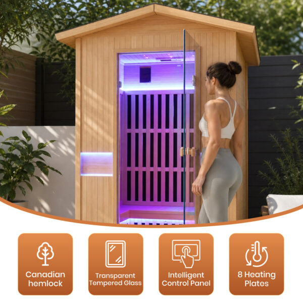 2-2 Outdoor Infrared Sauna for 2 Person, 2000W 120V Canadian Hemlock Sauna Room with 8 Epoxy Heating Panels, Red Light Beauty Lamp, Bluetooth Speakers & Colorful LED Lighting
