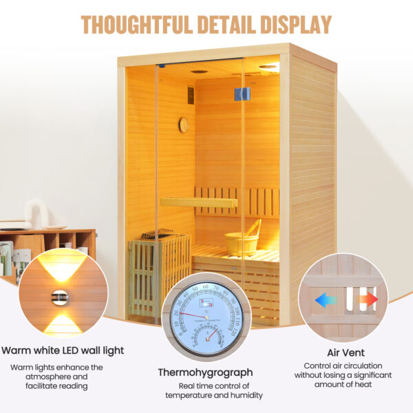 2 Person Indoor Hemlock Finnish Sauna Room For Home, 3KW 240V Metal Electric Heater, Max 90℃, Tempered Glass Door, LED Wall Light & Bluetooth Speakers