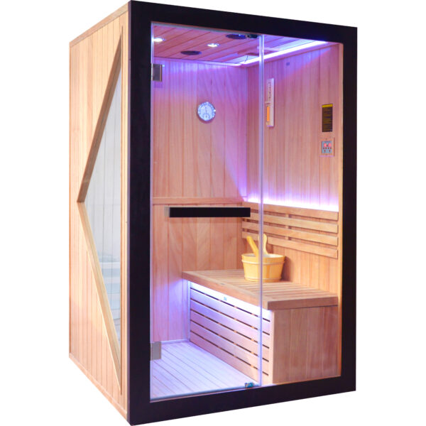 2 majusaccessory 3000W Traditional 2 Person Indoor Home Sauna, 120 x 120 x 190 cm Wooden Sauna Room with Metal Heater, African Okoume Wood, LED Color Lights & Sauna Accessories