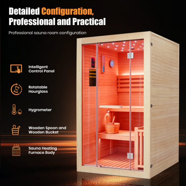 2 2 Person Traditional Indoor Sauna for Home, 47.2 x 47.2 x 74.8 in Wooden Sauna Room with Heating Furnace, Volcanic Stones, Starry Sky Lights, Bluetooth Speaker & Sauna Accessories