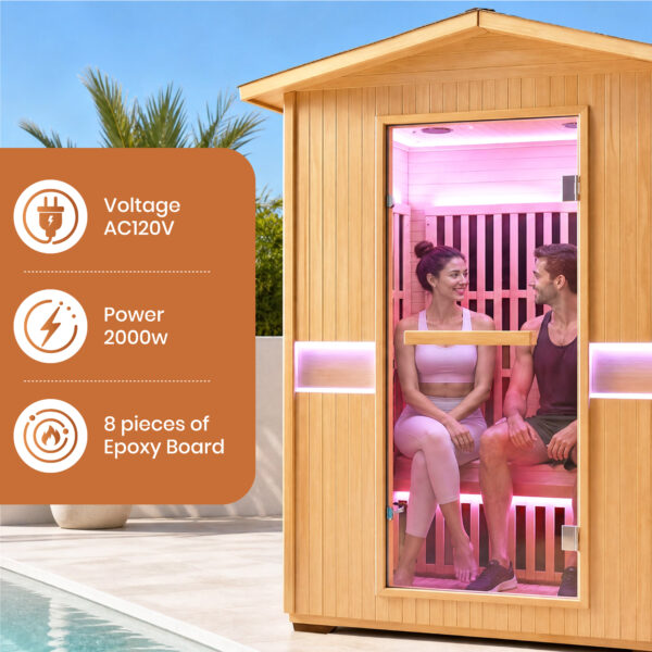 3 Outdoor Infrared Sauna for 2 Person, 2000W 120V Canadian Hemlock Sauna Room with 8 Epoxy Heating Panels, Red Light Beauty Lamp, Bluetooth Speakers & Colorful LED Lighting