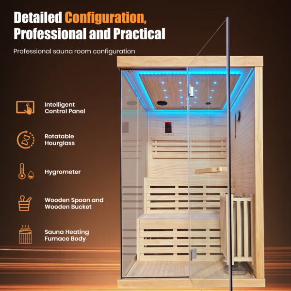 2 Person Indoor Traditional Steam Sauna Room with Heater, Bluetooth Speakers & 7-Color LED Lights, 47.2″ × 47.2″ × 74.8″