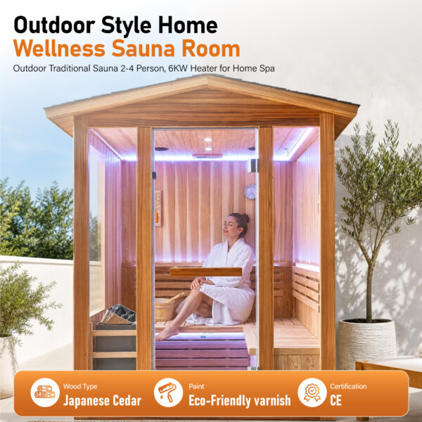 Traditional 2-4 Person Outdoor Sauna Room, Japanese Cedar Outdoor Home Sauna with 6KW Metal Stove, Colorful LED Ambient Lights & Full Sauna Accessories