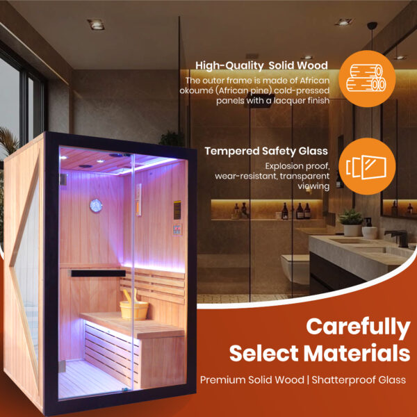 4 majusaccessory 3000W Traditional 2 Person Indoor Home Sauna, 120 x 120 x 190 cm Wooden Sauna Room with Metal Heater, African Okoume Wood, LED Color Lights & Sauna Accessories