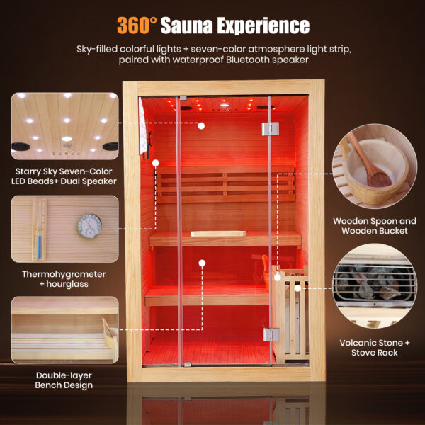 4 2 Person Traditional Indoor Sauna for Home, 47.2 x 47.2 x 74.8 in Wooden Sauna Room with Heating Furnace, Volcanic Stones, Starry Sky Lights, Bluetooth Speaker & Sauna Accessories