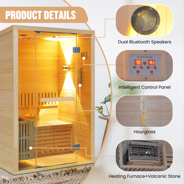 2 Person Indoor Hemlock Finnish Sauna Room For Home, 3KW 240V Metal Electric Heater, Max 90℃, Tempered Glass Door, LED Wall Light & Bluetooth Speakers