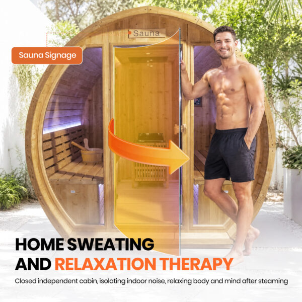 Traditional Outdoor Barrel Sauna for 2-4 Person, Carbonized Spruce Wood, 9KW Fast Heating Finnish Steam Sauna, Complete Accessories, Outdoor Sauna for Backyard, Patio & Poolside