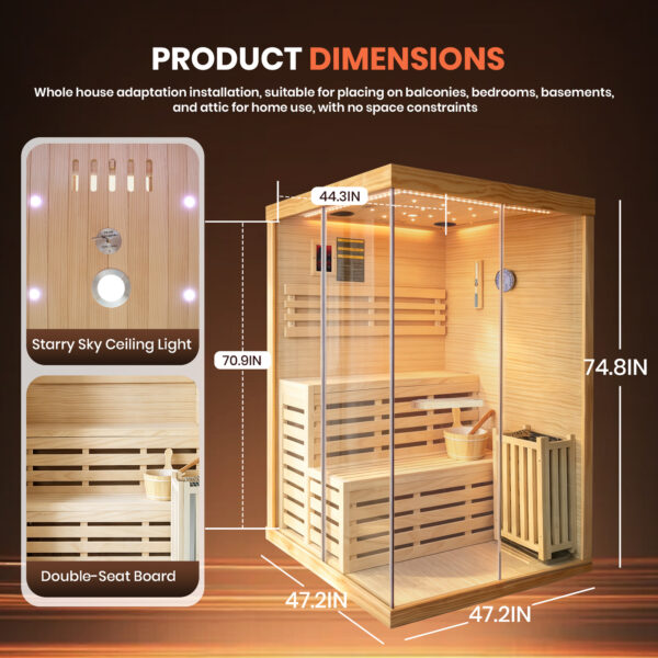2 Person Indoor Traditional Steam Sauna Room with Heater, Bluetooth Speakers & 7-Color LED Lights, 47.2″ × 47.2″ × 74.8″