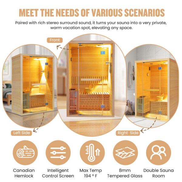 2 Person Indoor Hemlock Finnish Sauna Room For Home, 3KW 240V Metal Electric Heater, Max 90℃, Tempered Glass Door, LED Wall Light & Bluetooth Speakers