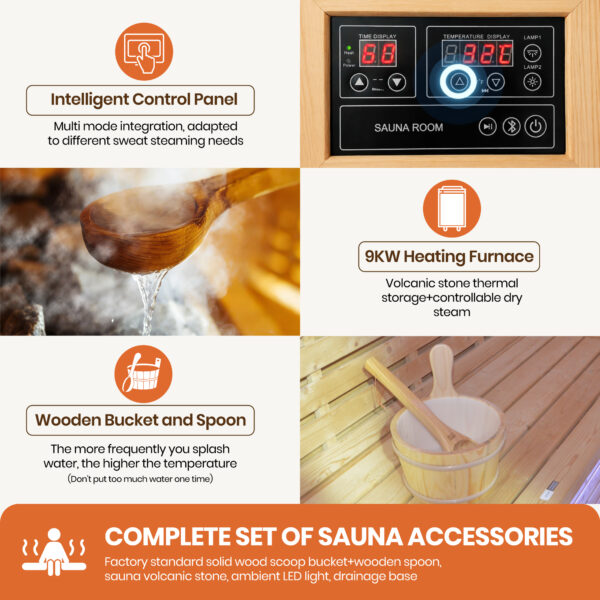 Traditional Outdoor Barrel Sauna for 2-4 Person, Carbonized Spruce Wood, 9KW Fast Heating Finnish Steam Sauna, Complete Accessories, Outdoor Sauna for Backyard, Patio & Poolside