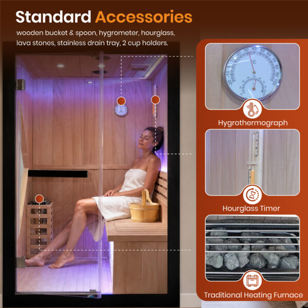 6 majusaccessory 3000W Traditional 2 Person Indoor Home Sauna, 120 x 120 x 190 cm Wooden Sauna Room with Metal Heater, African Okoume Wood, LED Color Lights & Sauna Accessories