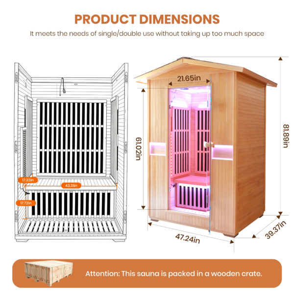 6 Outdoor Infrared Sauna for 2 Person, 2000W 120V Canadian Hemlock Sauna Room with 8 Epoxy Heating Panels, Red Light Beauty Lamp, Bluetooth Speakers & Colorful LED Lighting