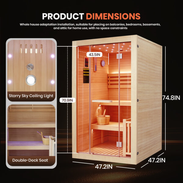 6 2 Person Traditional Indoor Sauna for Home, 47.2 x 47.2 x 74.8 in Wooden Sauna Room with Heating Furnace, Volcanic Stones, Starry Sky Lights, Bluetooth Speaker & Sauna Accessories