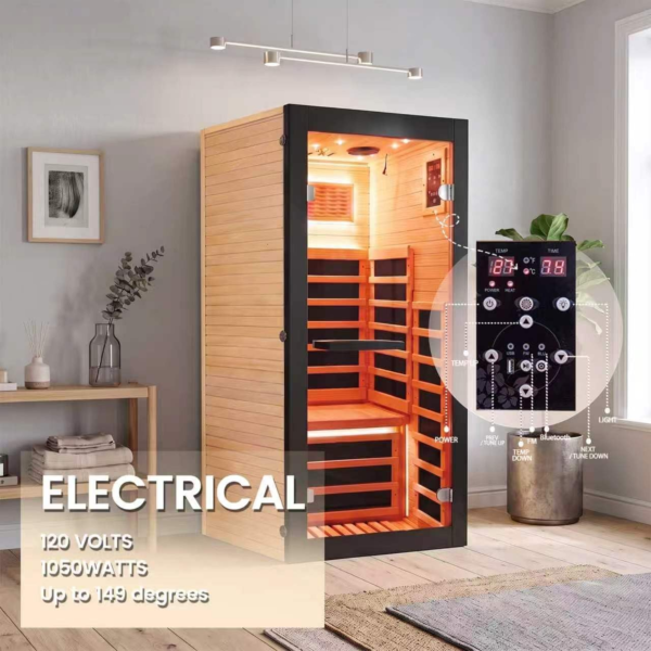 Infrared Sauna for 1 Person at Home use, 1200W Plug&Play Indoor Sauna, Canadian Hemlock Wood with Low EMF&Speakers, Full Spectrum Sauna Thermometer for Meditation Beauty&Relaxation